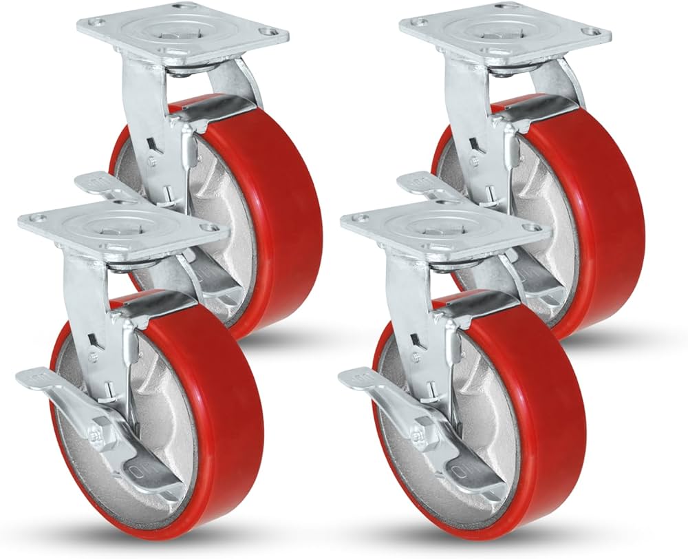 Red PU Heavy Duty Swivel Castor Wheels with Brake