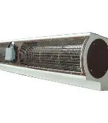 Industrial air curtain installed above factory doorway for airflow and dust control